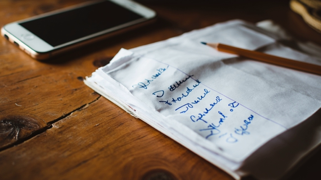 To demonstrate the role and use of AI to support writing materials collection and organization a mobile phone, a pencil and a notebook on a wooden desk